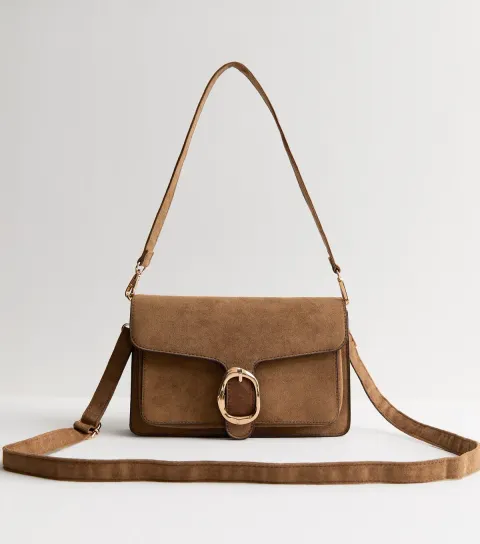 Tan Faux Suede Buckled Flap Shoulder Bag Vegan