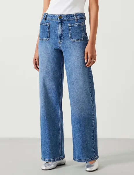 HUSH Mid Rise Patch Pocket Wide Leg Jeans Blue Denim