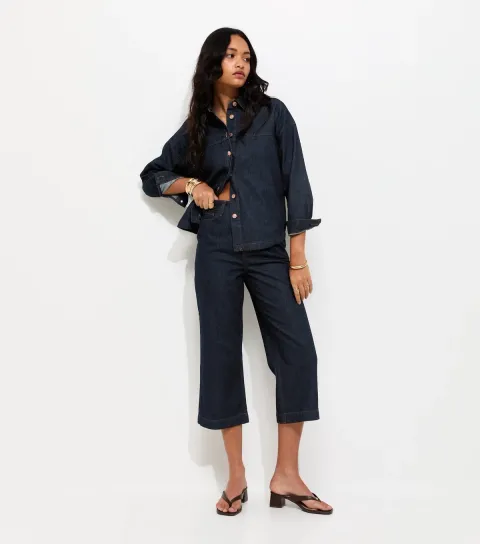 Women's Navy Adalae Cropped High Waisted Wide Leg Jeans