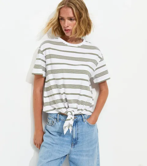 Women's White and Green Striped Tie Front T-Shirt