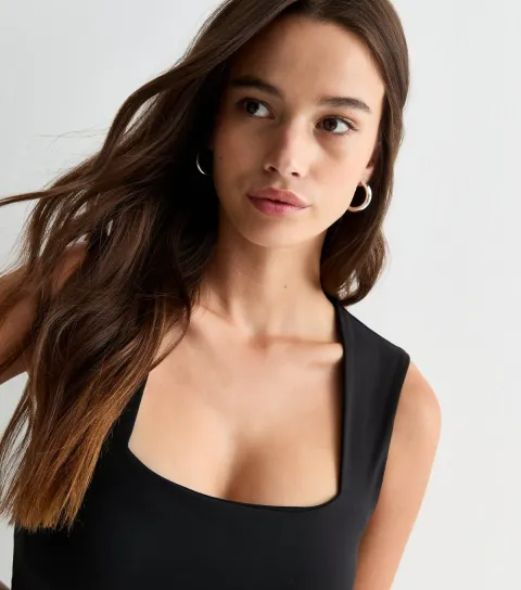 Women's Black Slinky Square Neck Thong Bodysuit