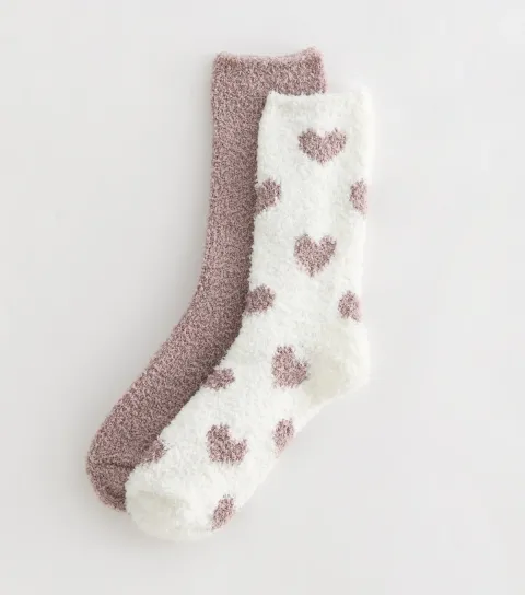 Pack of 2 Mink Heart and Plain Cosy Knit Socks