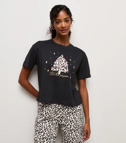 New Look Women's Black Cotton Christmas Tree Leopard Print Pyjama Set
