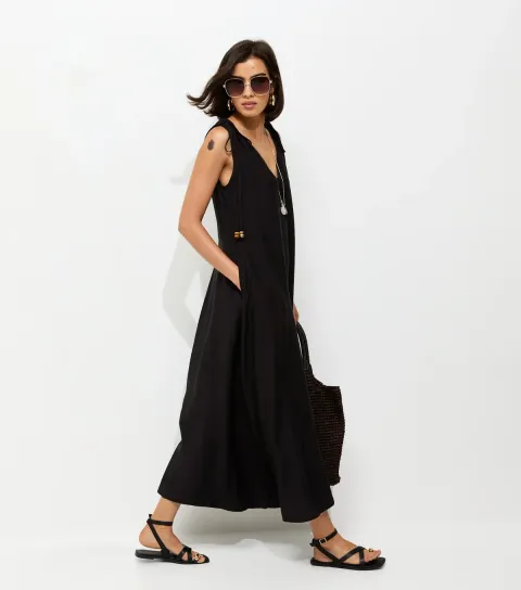 Women's Black Beaded Tie Smock Midi Dress
