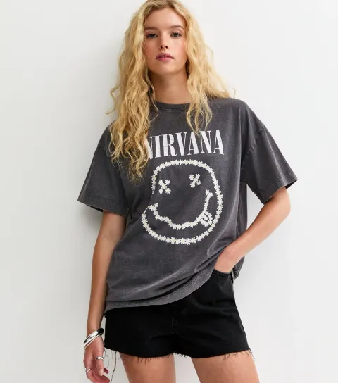 Women's Dark Grey Nirvana Daisy Smiley Oversized T-Shirt
