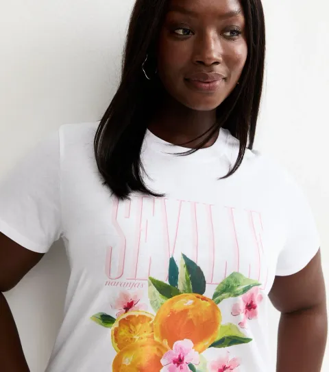 Women's Plus Size White Seville Orange Print Relaxed T-Shirt Curves