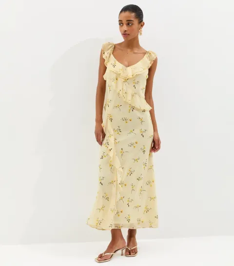Women's Light Yellow Ditsy Chiffon Ruffle Midi Dress