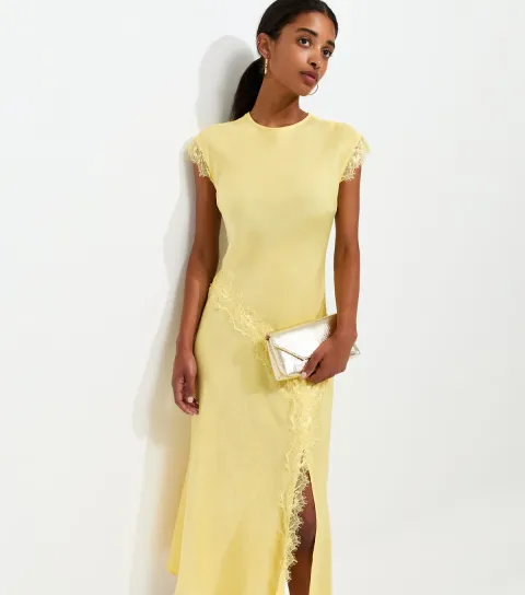 Women's Light Yellow Lace Trim Bias Cut Midi Dress