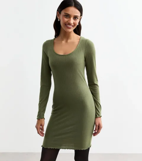 Women's Khaki Scoop Neck Ribbed Mini Dress