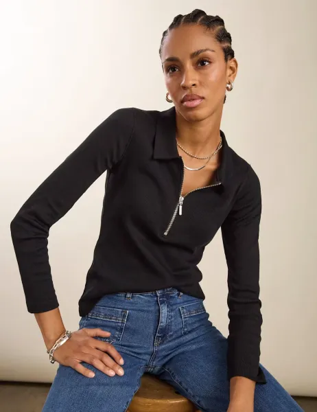 BAUKJEN Pure Cotton Half Zip Top Black