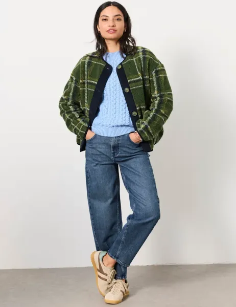 FatFace Borg Checked Collarless Jacket Green Mix