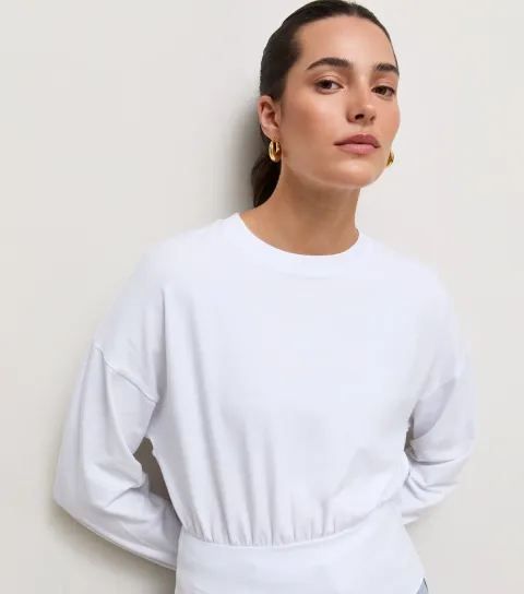 New Look Women's White Cotton Rich Long Sleeve Wide Waistband Top