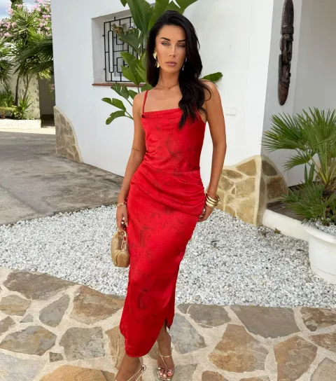 Women's Red Printed Cowl Neck Midi Dress