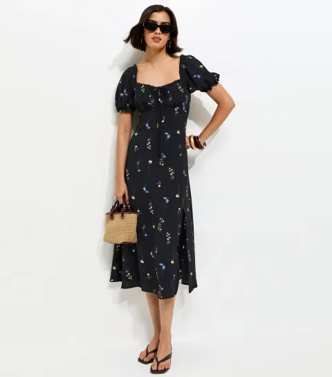 Women's Black Floral Print Milkmaid Midi Dress