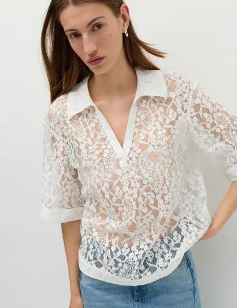 Marks & Spencer Cotton Blend Lace Collared Top Soft White