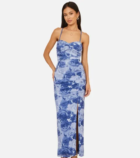 Women's Blue Mesh Ruched Midi Dress