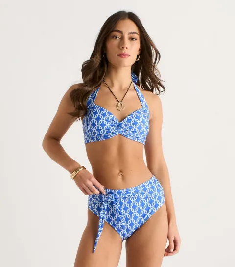 Women's Blue Chain Print Tie Front Bikini Bottoms