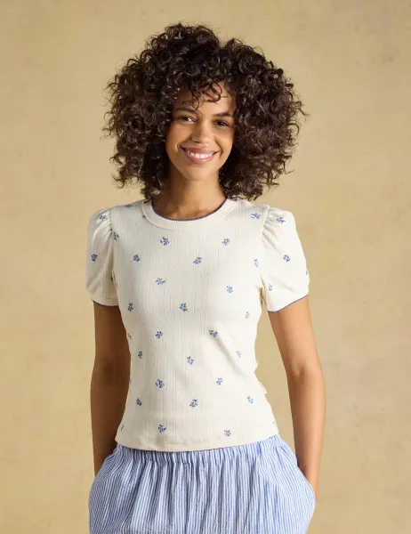 Joules Jersey Floral Pointelle Puff Sleeve Top White Mix