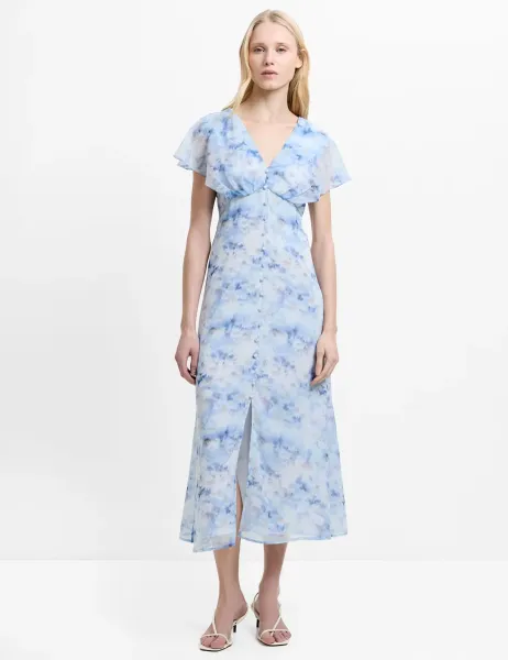 French Connection Floral V-Neck Midi Tea Dress Blue Mix