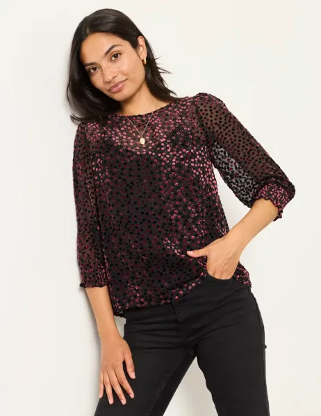 FatFace Devoré Round Neck Blouson Sleeve Blouse