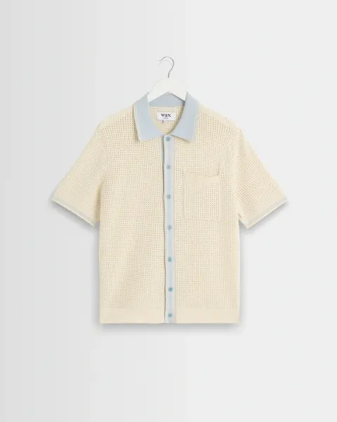 Belle - Ecru Blue Tipped Pointelle Polo Shirt