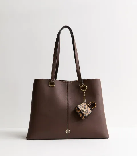 Dark Brown Faux Leather Tote Bag with Mini Bag Charm