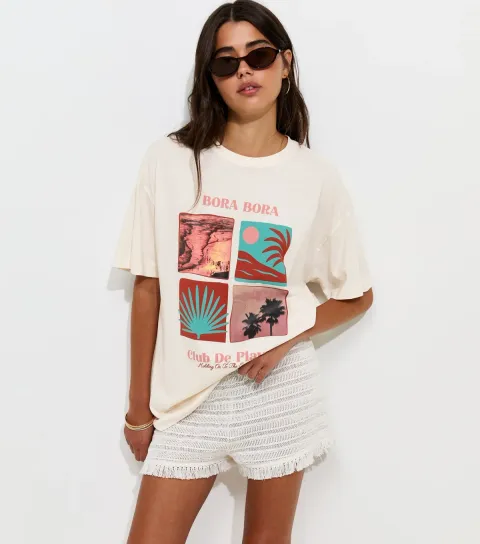 Women's Off White Cotton Bora Bora Abstract Box Print Oversized T-Shirt