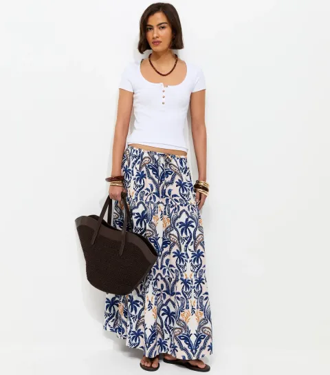 Women's Blue Crepe Palm Tiered Midi Skirt