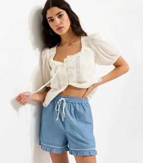 Women's Blue Chambray Frilly Trim Shorts