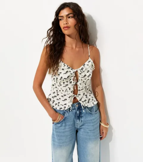 Women's White Cotton Floral Tie Front Cami Top