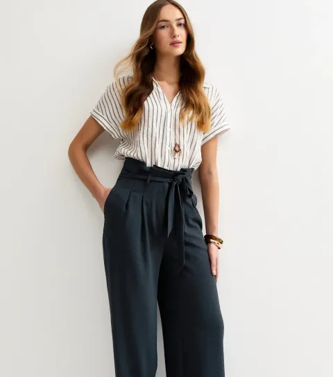 Women's Tall Black Paperbag Waist Wide Leg Trousers