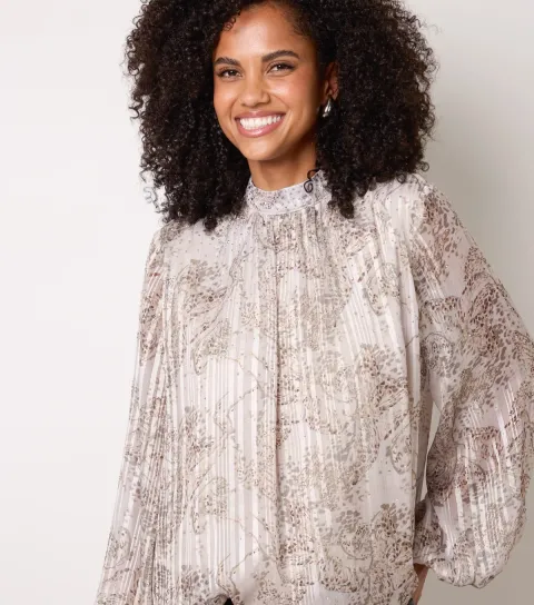 Blue Vanilla Women's Oatmeal Embellished High Neck Puffball Blouse