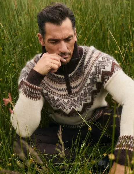 Jaeger Alpaca Blend Fair Isle Half Zip Jumper Natural Mix