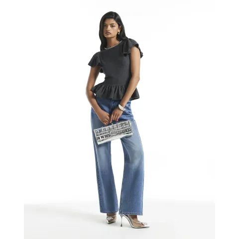 River Island Diamante Short Sleeve Peplum Cosy Top