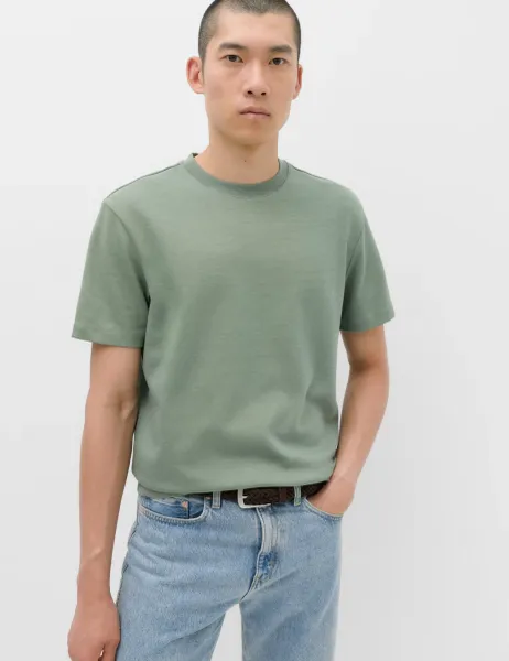 Marks & Spencer Relaxed Fit Cotton Rich Ultimate Performance Striped T-Shirt Moss Green