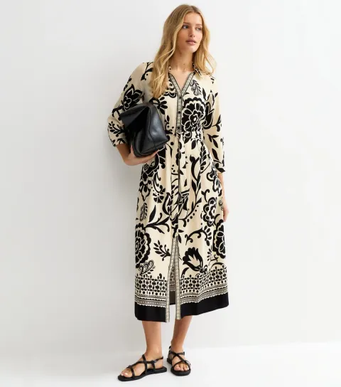 Women's Cream Floral Border Tile Print Midi Shirt Dress