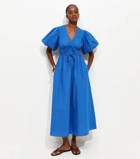 New Look Women's Bright Blue Cotton Puff Sleeve Midi Dress