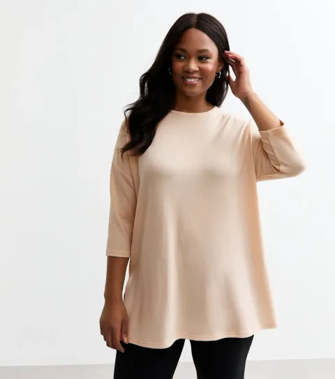Women's Plus Size Cream Soft Touch Slit Hem Top Curves