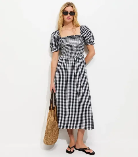 Women's Black Gingham Shirred Puff Sleeve Midi Dress
