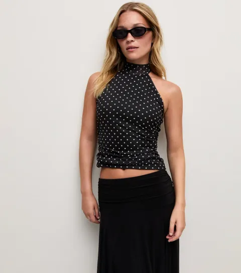 New Look Women's Black Jersey Spot Mesh High Neck Halter Neck Top