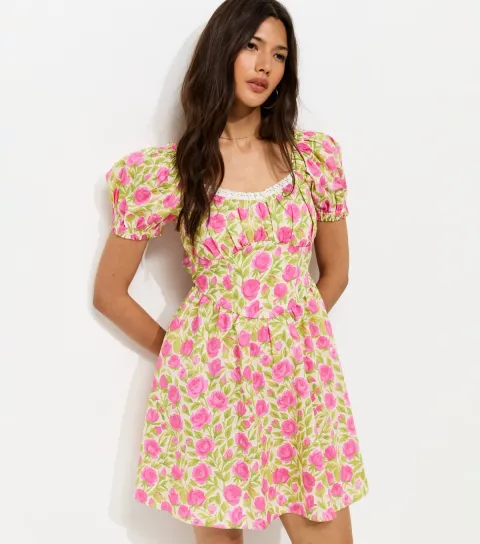 Women's Pink Rose Print Cotton Milkmaid Mini Dress