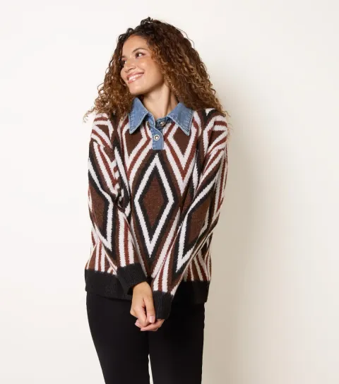 Blue Vanilla Women's Dark Brown Denim Collar Geometric Polo Jumper