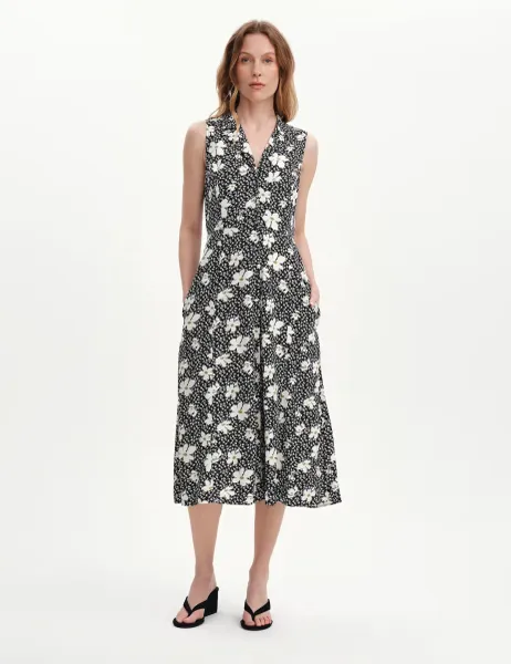 Finery London Floral Collared V-Neck Midi Shirt Dress Black Mix