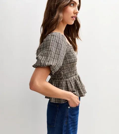 New Look Women's Black Checked Crinkled Shirred Peplum Top