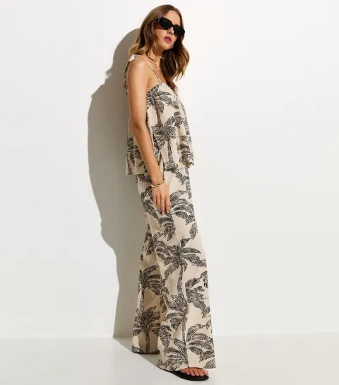 Women's Cream Palm Tree Print Beach Trouser