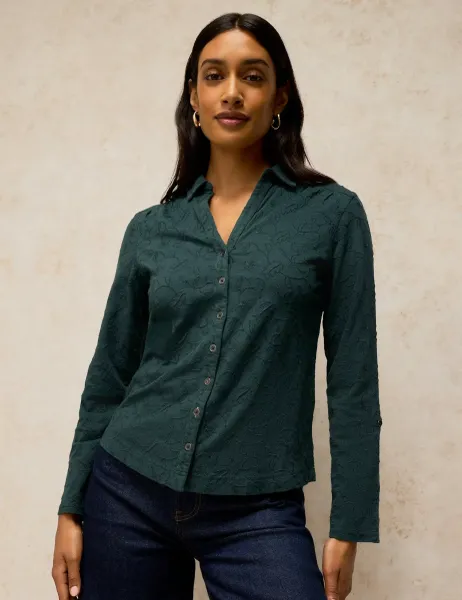 White Stuff Pure Cotton Printed Collared Shirt Dark Green