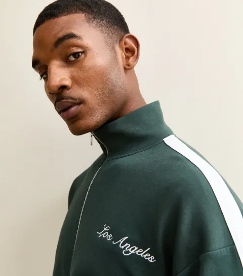Men's Dark Green Relaxed Zip Up Side Panel Track Jacket