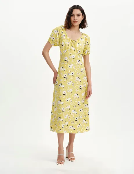 Finery London Floral Scoop Neck Midi Tea Dress Green Mix