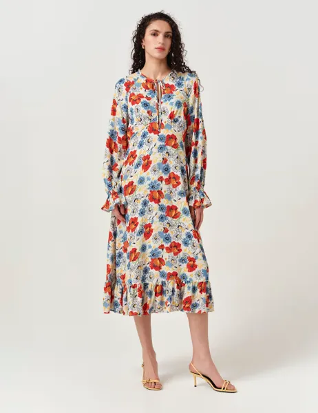 Ghost Crepe Floral Tie Neck Midi Tea Dress Ivory Mix