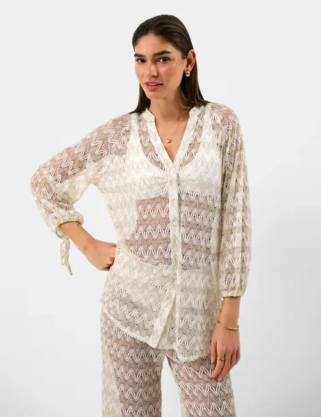 Accessorize Striped Metallic Button Through Beach Shirt White